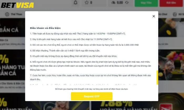 hoàn trả cho Slots và bắn cá Betvisa Điều khoản và điều kiện khuyến mãi hoàn trả cho Slots và bắn cá Betvisa