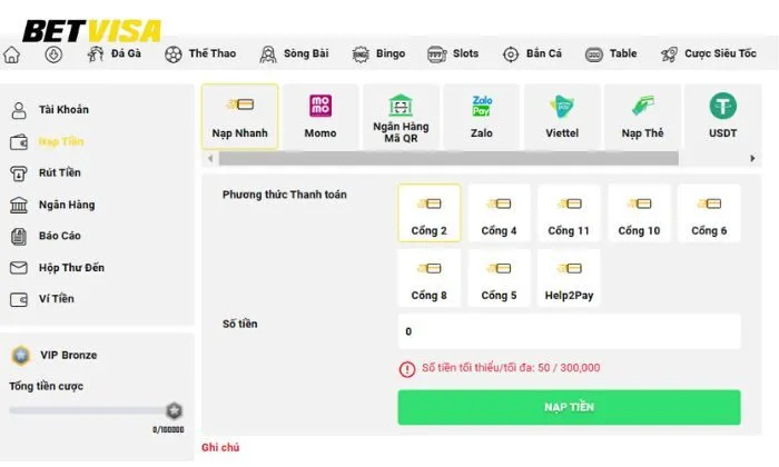 phương thức thanh toán Betvisa Phương thức nạp/rút tại Betvisa