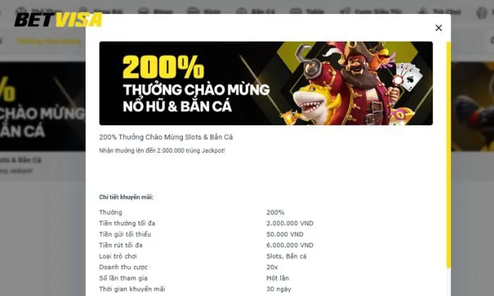 Thưởng chào mừng slots và bắn cá Betvisa Thưởng tân thủ tại sảnh game slots và bắn cá