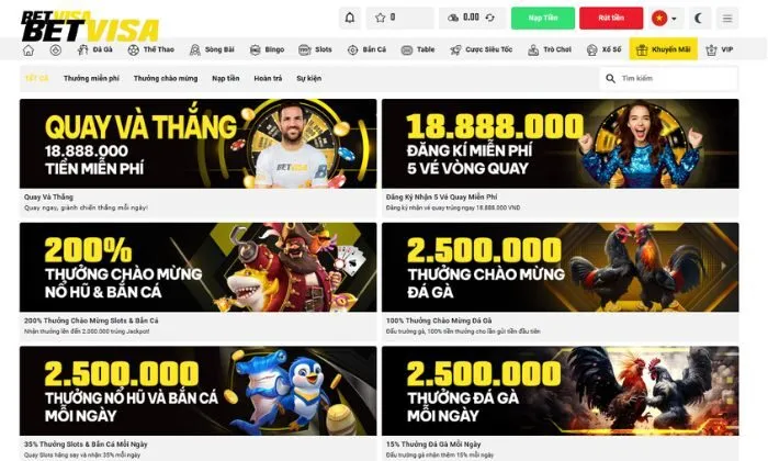 Thưởng chào mừng slots và bắn cá Betvisa Ưu đãi nhà cái dành cho tân thủ
